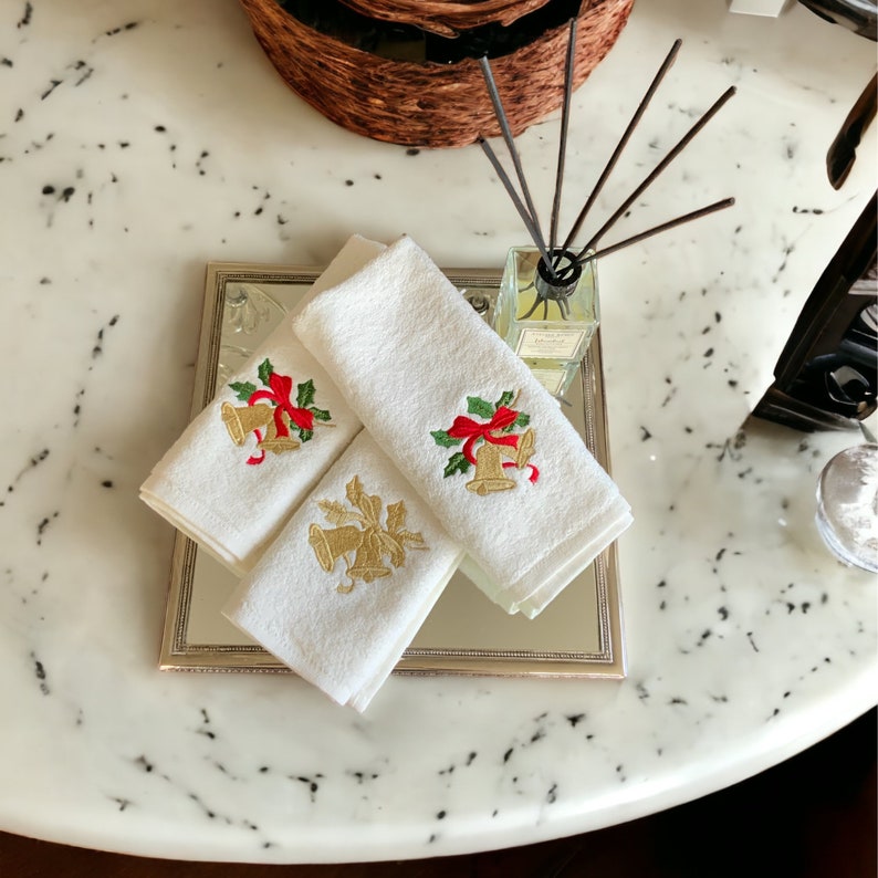 Set of 3 Cotton Hand Towels Bell Embroidery Guest Towel Bathroom Decor Christmas,Noel, New Year,Thanksgiving Gift in Chic Gift Package image 2