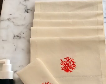 Set of 6 Linen Hand Towels| Red Coral Embroidery | Hemstitch| Guest hand towel | Bathroom Decor | Chic and Elegant Towel Set| Gift