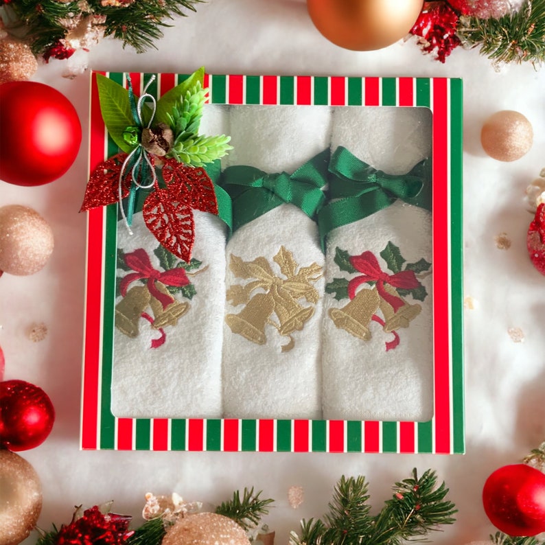 3er Set Handtücher aus Baumwolle Glockenstickerei Gästehandtuch Badezimmer Dekoration Weihnachten,Noel,Silvester,Thanksgiving Geschenk in schicker Geschenkverpackung Bild 1
