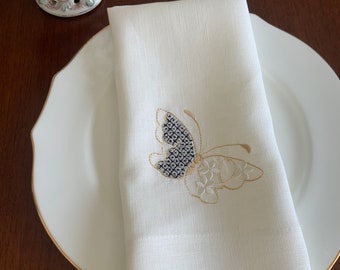 Servilletas de lino con bordado de mariposas - Elegante presentación de mesa - Regalo de Navidad
