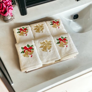 Set of 3 Cotton Hand Towels Bell Embroidery Guest Towel Bathroom Decor Christmas,Noel, New Year,Thanksgiving Gift in Chic Gift Package image 4