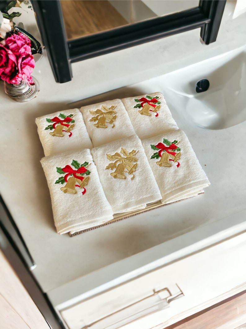 Set of 3 Cotton Hand Towels Bell Embroidery Guest Towel Bathroom Decor Christmas,Noel, New Year,Thanksgiving Gift in Chic Gift Package image 4