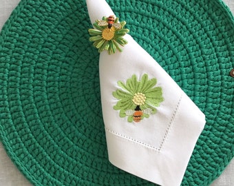 Set of 4 Flower Embroidery Napkins | Hemstitched | Cotton Linen | Green or orange flower with bee embroidery | Gift