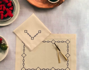 Set of 4 Cotton Chain Placemats | Set of 4 Cotton Napkins | Navy Blue Embroidery | Hemstitch | Gift