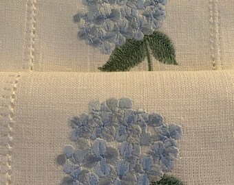 Set of 6 Linen coctail napkins| Blue or pink hydrangea embroidery | Hemstitch |Party, beverage, tea time or your home coctail napkins | Gift