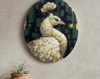 Original White Peacock Oil Painting – Textured Impasto Bird Art (6x9 Inch Oval Canvas)