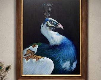 Majestad vibrante: Pavo real pintado a mano en acrílico sobre lienzo tensado.