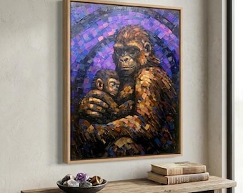 Original Gorilla Mother Baby Impasto Acrylic Painting – Textured Wildlife Art 24x18