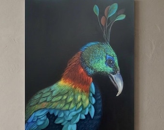 Pintura acrílica - Arte mural de aves coloridas, lienzo original de vida silvestre, decoración de faisanes exóticos, pintura del ave nacional de Nepal, arte de plumas arcoíris