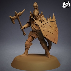 May include: A miniature figurine of a knight in brown armour, holding a spiked axe and a shield with a pointed design. The knight is standing on a round base.