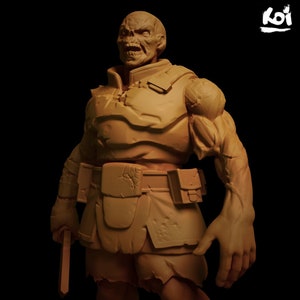 May include: A detailed, hand-painted miniature of a zombie warrior. The figure is sculpted in a dynamic pose, with a menacing expression and a dagger in hand. The figure is painted in a realistic style, with a flesh-toned body, tattered clothing, and a blood-stained weapon.