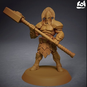 May include: A brown plastic miniature figurine of a warrior wearing a helmet and armor, holding a large weapon. The figurine is standing on a round base.