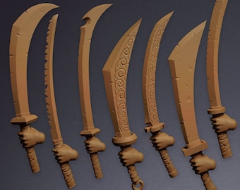 Furybound Clan - 7 Waffen Paket | 32mm | Individuell | Rollenspiel | Tischplatte | Kriegsspiele | Miniatur | Wandlung | Kitbash | Samurai | Schwert | Katana |