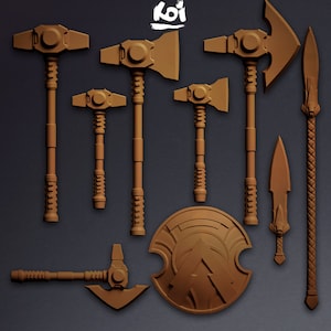 May include: A set of nine bronze-coloured fantasy weapons and a shield. The weapons include axes, swords, and spears. The shield is round and has a raised design in the centre.