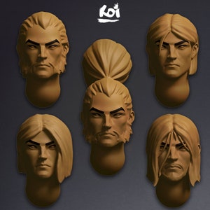 May include: Six sculpted heads with different hairstyles and facial expressions. The heads are all made of a light brown material and have a smooth, matte finish. The word "Koi" is written in white paint on a black background at the top of the image.