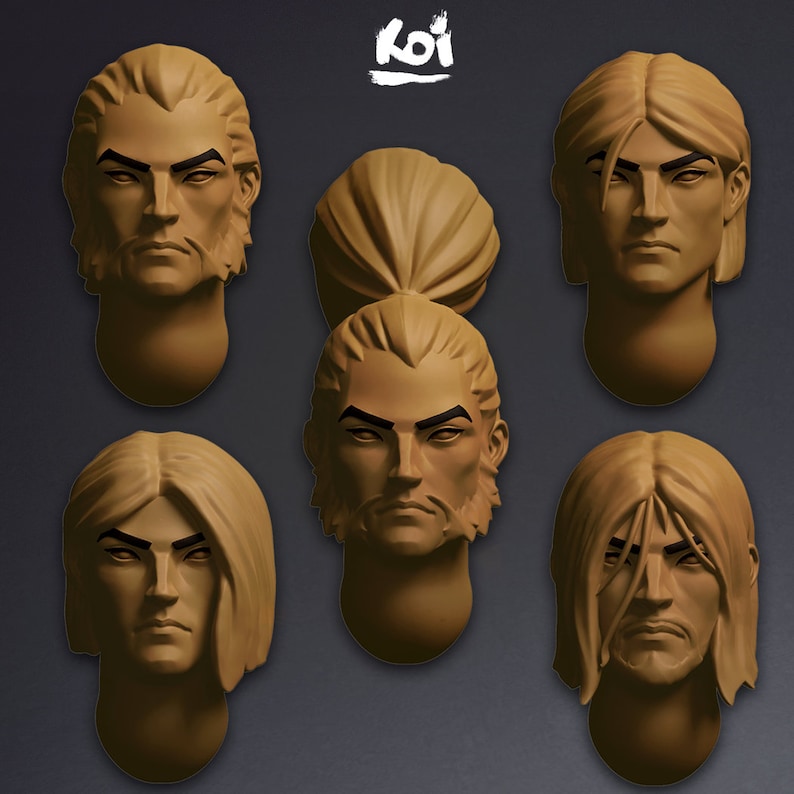 K&ouml;nnte beinhalten: Sechs Skulpturenk&ouml;pfe mit verschiedenen Frisuren und Gesichtsausdr&uuml;cken. Die K&ouml;pfe sind alle aus hellem braunen Material gefertigt und haben eine glatte, matte Oberfl&auml;che. Das Wort "Koi" ist in wei&szlig;er Farbe auf schwarzem Hintergrund oben im Bild geschrieben.