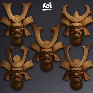 Spirits of Vengeance   - 5 Miniature heads | 42mm | 32mm | Tau | Tabletop | Wargaming | Space | Conversion | kitbash | Samurai | Helmets