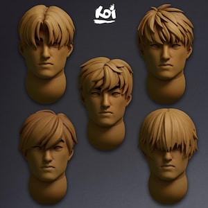 Puede incluir: Cinco bustos de cabeza masculina esculpidos de color marrón claro con varios peinados. Las cabezas miran hacia adelante, con rasgos faciales y texturas de cabello detallados. El texto blanco "koi" está en la esquina superior derecha.