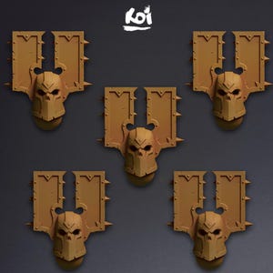 May include: Five brown plastic miniature helmets with a skull design and spikes on the sides. The helmets are arranged in a symmetrical pattern.
