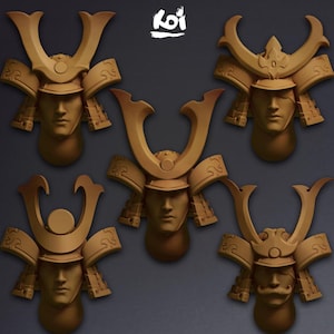 May include: Five gold-colored samurai helmet figurines with different facial expressions and details. The helmets are decorated with intricate designs and have a traditional Japanese aesthetic. The word "Koi" is written in white on a black background above the helmets.