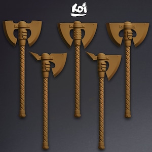 May include: Five brown axes with detailed designs. Each axe features a double-bladed head, a central cylindrical section, and a long handle with a woven pattern. The axes are arranged against a dark grey background, with the word "koi" in white in the upper left corner.