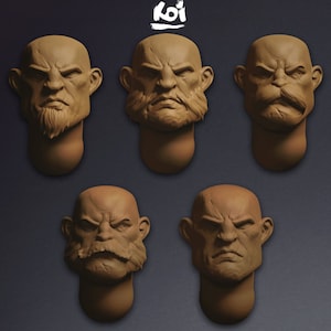 May include: Five different sculpted faces with various expressions, each with a unique beard and mustache style. The faces are made of a light brown clay-like material.