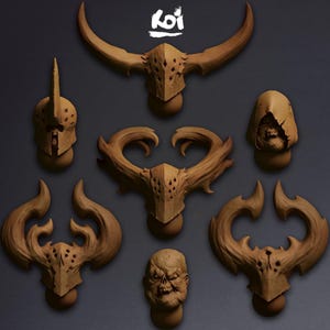 May include: Seven sculpted masks with intricate details, including horns, spikes, and a hooded figure. The masks are made of a brown material and have a textured surface. The word "Koi" is written in white on a black background at the top of the image.