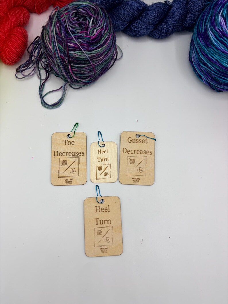 Toe Decrease Sock Knitting Set – Leather SSK & K2TOG Stitch Markers, Double-Ended Knit Dec Marker, and Wooden Reminder Tool image 11