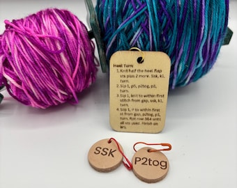 Small Wooden Heel Turn Reminder Tool with  SSK and P2tog Stitch Markers