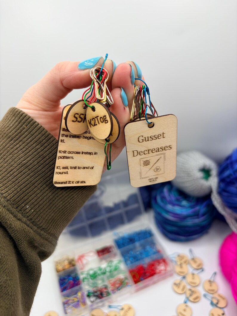 Sock Gusset Knitting Decrease Set – Wooden Stitch Markers & Reminder Tool image 15