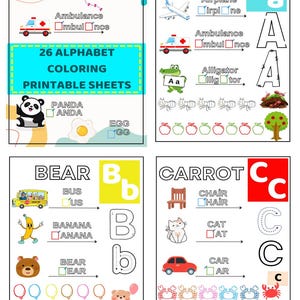 Páginas para colorear del alfabeto de la A a la Z para preescolar / Actividad imprimible en PDF / Hojas de trabajo educativas para niños pequeños y jardín de infantes