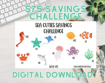Low Income Savings Challenge Sea Creature Theme, Savings Budget Binder, Savings Digital Download,Cash Envelope System Cash Stuffing, SAVE 75