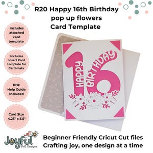 SVG: R20 pop up 16th Birthday card, Birthday card, pop up 16th Birthday card, 3D 16th birthday card, Pop up flowers SVG, Card cutting
