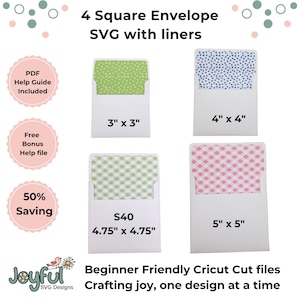 スクエア封筒 SVG バンドル、3x3、4x4、5x5、S40 封筒（ライナー付き）、Cricut 封筒 SVG、カード封筒、DIY 封筒、スクエア封筒