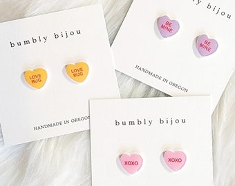 CONVERSATION HEART Earrings (1 pair) / Hypoallergenic Titanium Post /Kids Girls Women Love Cute Stud Earrings Pink Heart Mothers Day