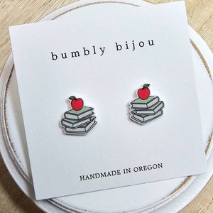 BOOK STACK Stud Earrings / Hypoallergenic Titanium Post / Teacher Book Lover Bookish Gift Present