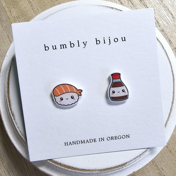 SUSHI ROLL + SOY Asymmetrical Earring Set / Hypoallergenic Titanium Post Kawaii Sushi Roll Stud Earrings Gift Present Kids Women Birthday