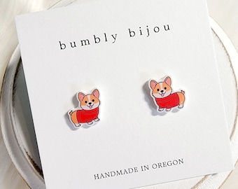 CORGI WEARING SWEATER Earrings / Hypoallergenic Titanium Posts / Corgi in Sweater Winter Corgi Dog Kids Women Gift Present Corgi Lover