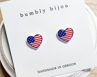 AMERICAN FLAG Heart Earrings / Hypoallergenic Titanium Post / USA Pride Flag Earrings Gift 4th of July Memorial Day Women Kids