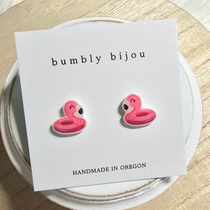 FLAMINGO POOL FLOAT Earrings / Hypoallergenic Titanium Post / Kids Girls Cute Stud Earrings Women Present Birthday Gift Summer Earrings