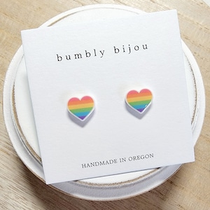 RAINBOW HEART Stud Earrings / Hypoallergenic Titanium Post / Pastel Heart Earrings Stocking Stuffer Girls Kids Women Unisex Cute Small Studs