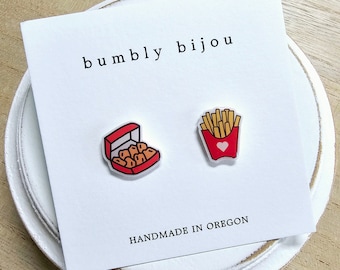CHICKEN NUGGETS & FRIES Earrings/ Hypoallergenic Titanium Post / Kid Teen Womens Gift Cute Stud Earrings Present / Nuggies Nugs Fries Lover