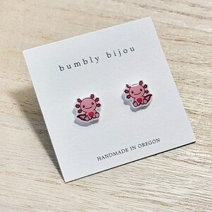 AXOLOTL EARRINGS / Hypoallergenic Titanium Stud Post / Amphibian Cute Adorable Pink Salamander Birthday Gift Present Kids Women Valentine bild 8