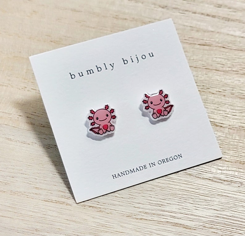 AXOLOTL EARRINGS / Hypoallergenic Titanium Stud Post / Amphibian Cute Adorable Pink Salamander Birthday Gift Present Kids Women Valentine bild 8
