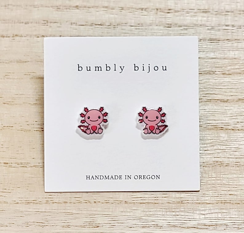 AXOLOTL EARRINGS / Hypoallergenic Titanium Stud Post / Amphibian Cute Adorable Pink Salamander Birthday Gift Present Kids Women Valentine bild 5