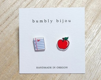 TEACHER Stud Earrings / Hypoallergenic Titanium / Apple Earrings Teacher Appreciation Gift Back To School Kindergarten Elementary Principal
