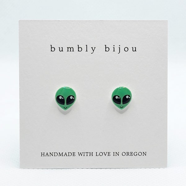 ALIEN EARRINGS- Hypoallergenic Titanium Stud Earrings, Small Green Alien Face Earrings Kids Earrings Women Earrings Gift Present