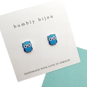 OWL (Blue) Earrings / Hypoallergenic Titanium Posts / Blue Owl Birthday Gift Hypoallergenic Bumbly Bijou Kids Women Gift Present Spring Time