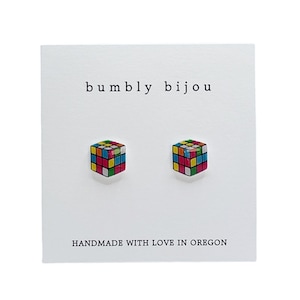 RUBIKS CUBE Stud Earrings / Hypoallergenic Titanium Posts / Unique Gift Present Party Favor Girlfriend Wife Kid Birthday Cute Stud Earrings