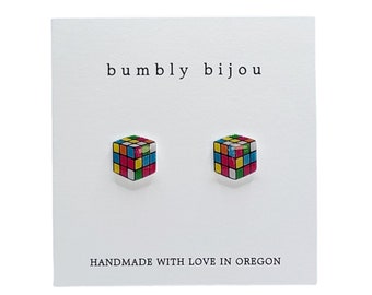 RUBIKS CUBE Stud Earrings / Hypoallergenic Titanium Posts / Unique Gift Present Party Favor Girlfriend Wife Kid Birthday Cute Stud Earrings